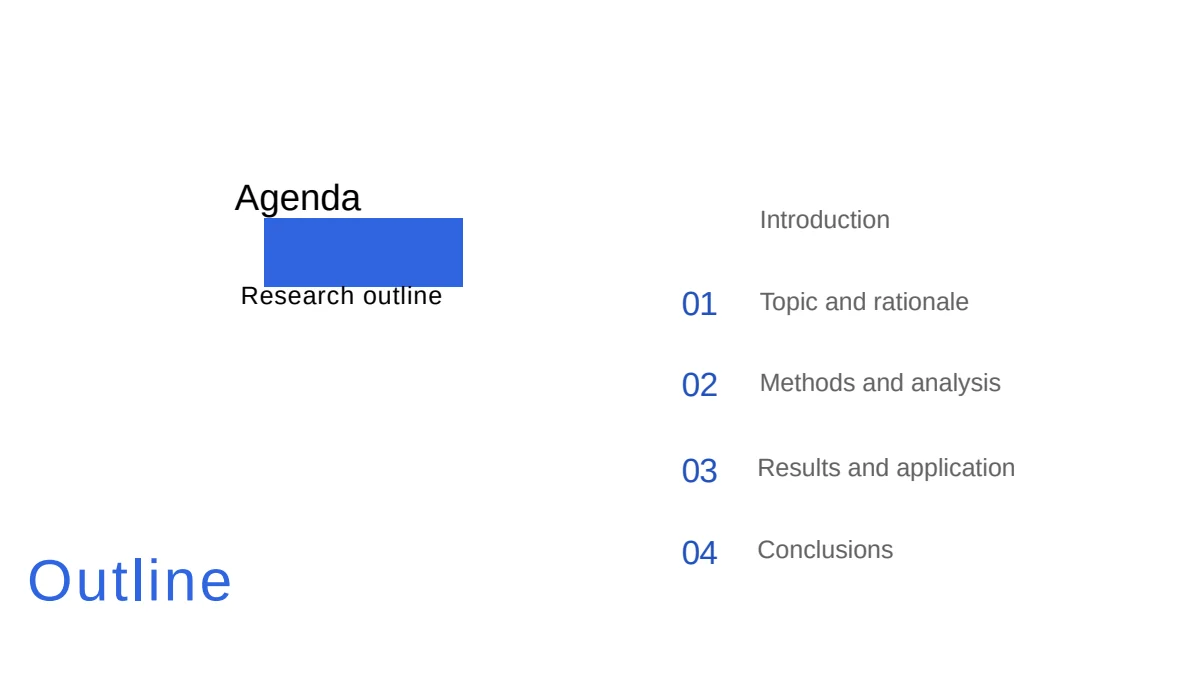Blue Minimal Thesis Defense Presentation Template, slide 3: The agenda lists an unnumbered Introduction, then Topic and rationale, Methods and analysis, Results and application and Conclusions as chapters 01–04.