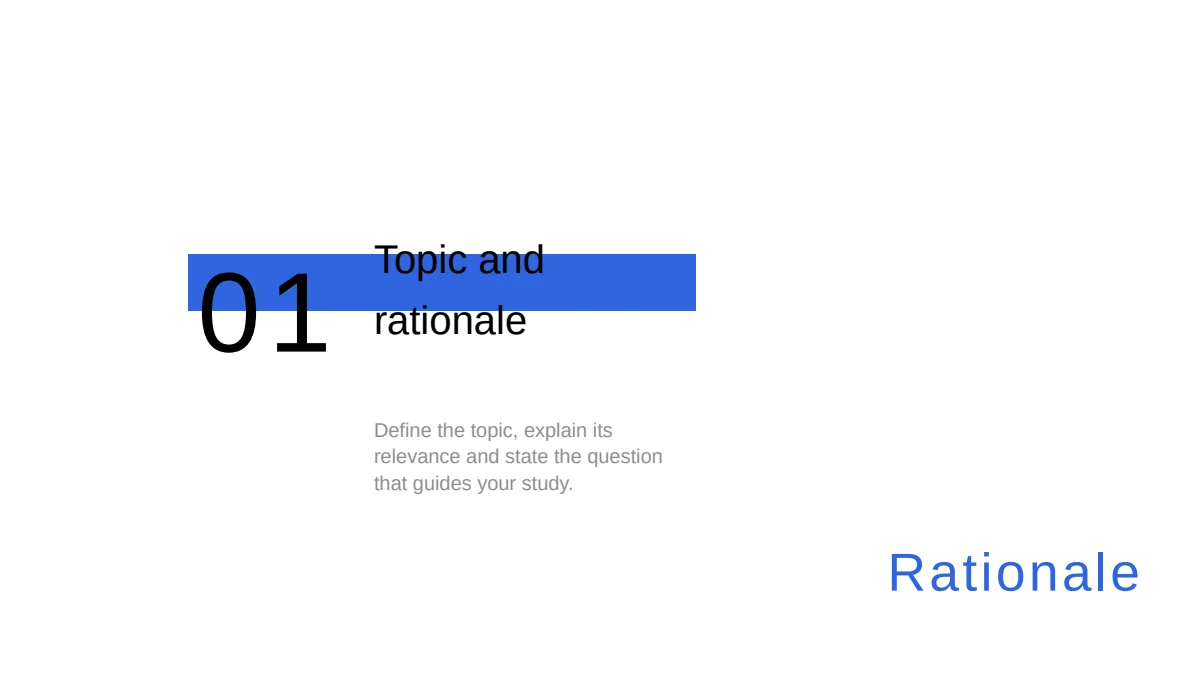 Blue Minimal Thesis Defense Presentation Template, slide 4: The number 01 and Topic and rationale overlap a blue band. A short research prompt sits below, with a large blue Rationale label at the lower right.
