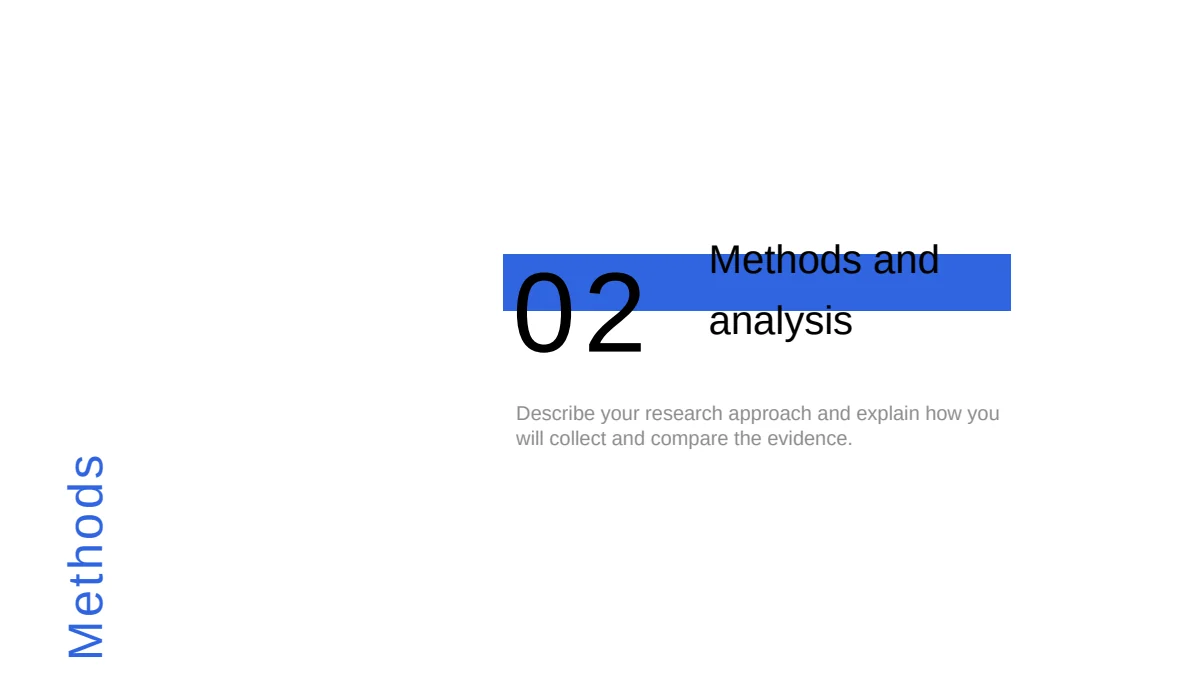 Blue Minimal Thesis Defense Presentation Template, slide 8: The number 02 and Methods and analysis overlap a blue band. A short prompt explains evidence collection, while Methods runs vertically along the lower left.