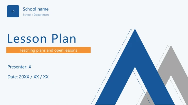 Blue Orange Lesson Plan Presentation Template: Rising blue and grey bands fill the right side of the cover, beside an orange subtitle strip and school, presenter and date fields.