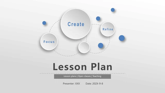 Blue Orbit Lesson Plan Presentation Template: Raised white discs sit among blue dots and dotted orbital paths on a pale diagonal background. The lower area holds the lesson title, presenter details and date.