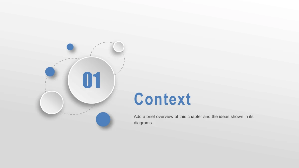 Blue Orbit Lesson Plan Presentation Template: A large raised white disc marked 01 sits within dotted paths and smaller dots on the left. The blue chapter title and a short note occupy the right.