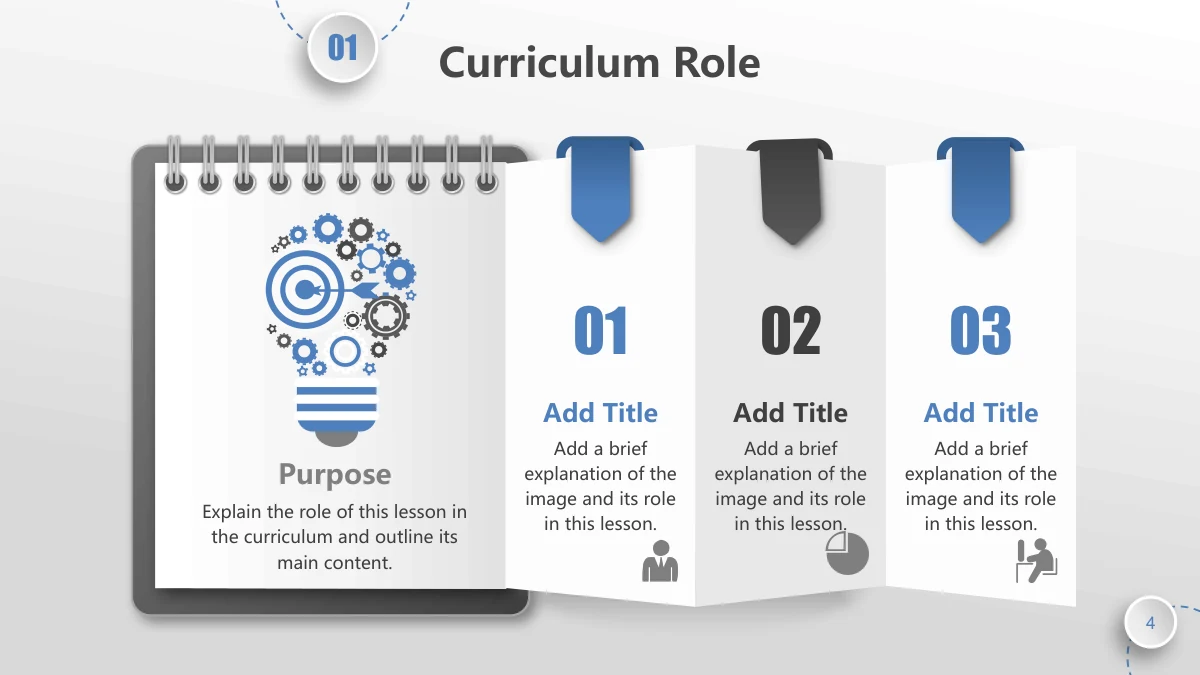 Blue Orbit Lesson Plan Presentation Template: A spiral notebook with a gear-filled light bulb stands beside three folded paper columns. Numbered ribbon tabs 01–03 and small icons distinguish the note areas.