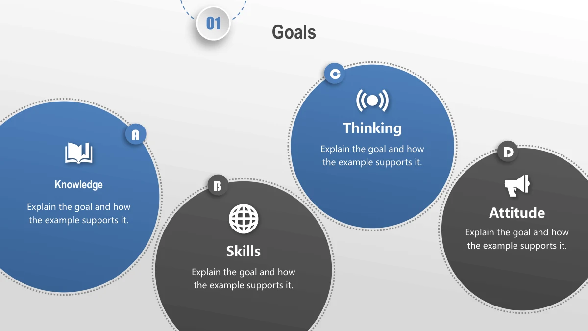 Blue Orbit Lesson Plan Presentation Template: Four large blue and dark gray circles alternate across the page. Book, globe, signal and megaphone icons accompany labels A–D and short objective notes.