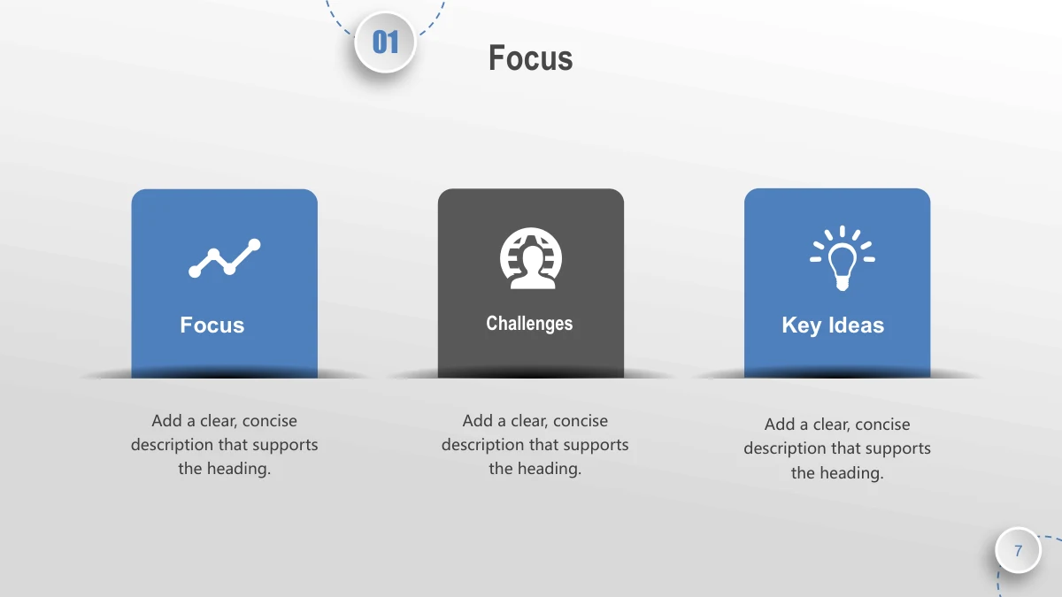 Blue Orbit Lesson Plan Presentation Template: Three blue and dark gray cards rise above a shared horizontal surface. Line, head and light bulb symbols distinguish the focus, difficulty and key-point explanations.