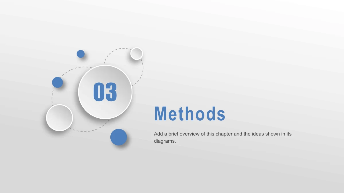 Blue Orbit Lesson Plan Presentation Template: A white 03 disc and smaller orbit dots sit on the left. The learning-methods title and a short explanation occupy the right of the light background.