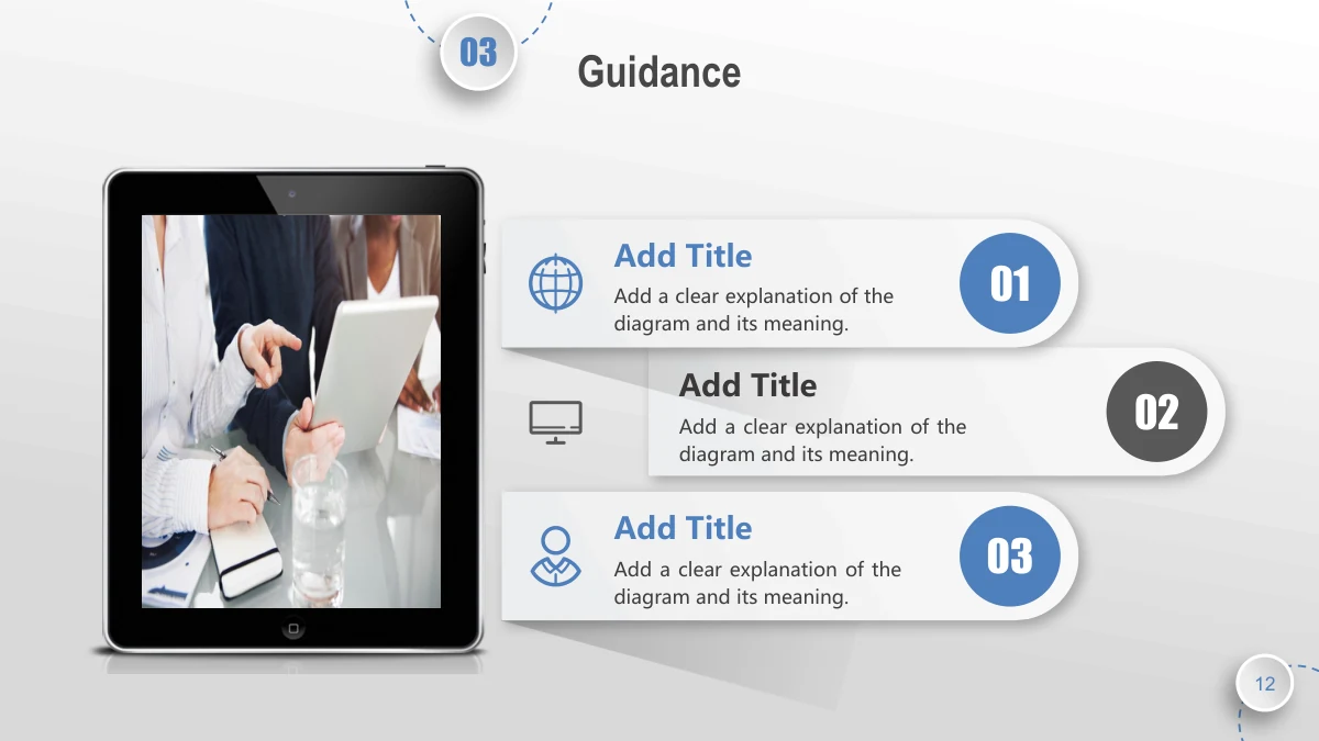 Blue Orbit Lesson Plan Presentation Template: A black tablet frame holds a photo of people using a tablet. Three long white tabs with blue or dark gray numbered ends carry icon-led notes to the right.