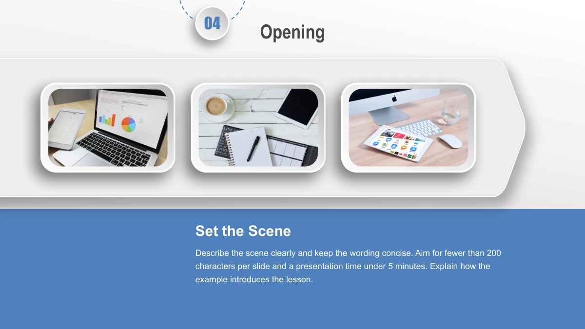 Blue Orbit Lesson Plan Presentation Template: Three rounded white frames show a laptop with charts, a coffee-and-tablet workspace and a desktop computer with a tablet. A wide blue note panel sits beneath the photos.