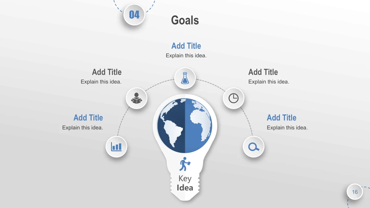 Blue Orbit Lesson Plan Presentation Template: A blue globe forms the upper part of a white light bulb. Five smaller circular icons sit on a dotted arc around it, each paired with a brief note.