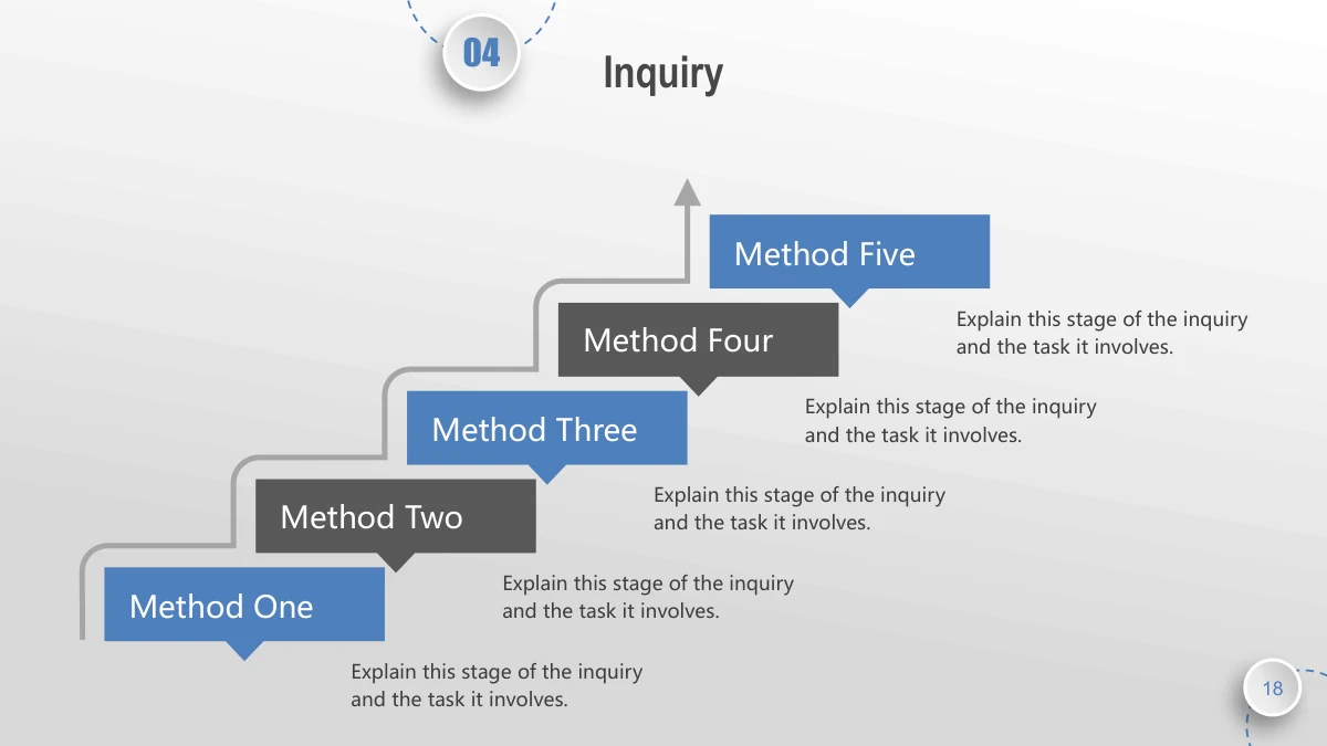 Blue Orbit Lesson Plan Presentation Template: Five alternating blue and dark gray labels climb along a stepped gray arrow. Each stage has a separate note to its right.