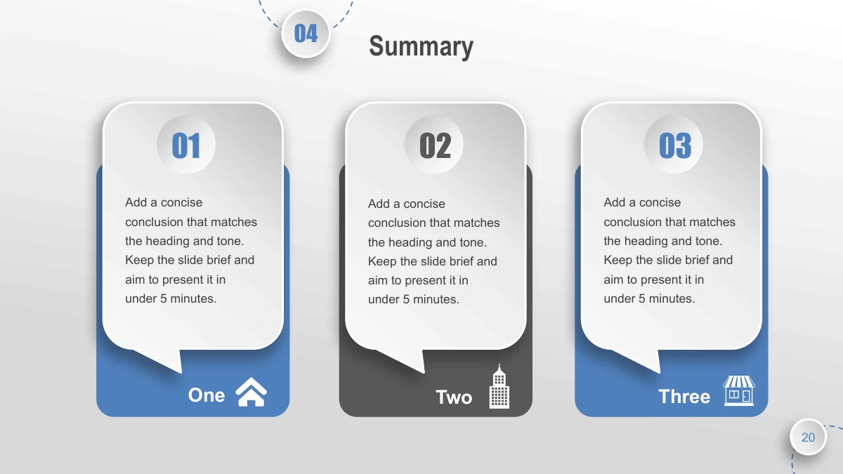 Blue Orbit Lesson Plan Presentation Template: Three raised white speech-shaped panels sit over blue and dark gray bases. Numbers 01–03, short conclusion labels and small building icons separate the columns.