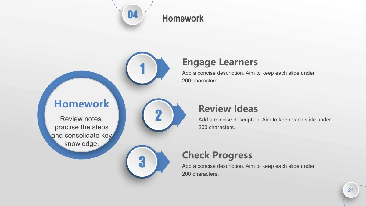 Blue Orbit Lesson Plan Presentation Template: A large blue ring encloses the homework note on the left. Three smaller numbered circles with arrow ends lead to separate task explanations on the right.