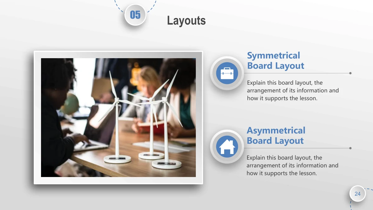 Blue Orbit Lesson Plan Presentation Template: A white rectangular photo frame shows model wind turbines on a worktable. Two circular icons on the right accompany separate descriptions of board formats.