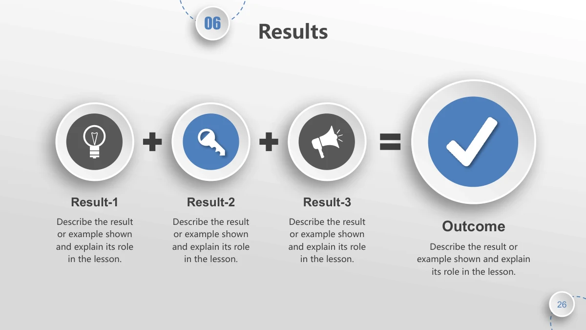 Blue Orbit Lesson Plan Presentation Template: Three raised icon circles containing a bulb, key and megaphone are linked by plus signs. An equals sign leads to a larger blue circle with a white check mark.