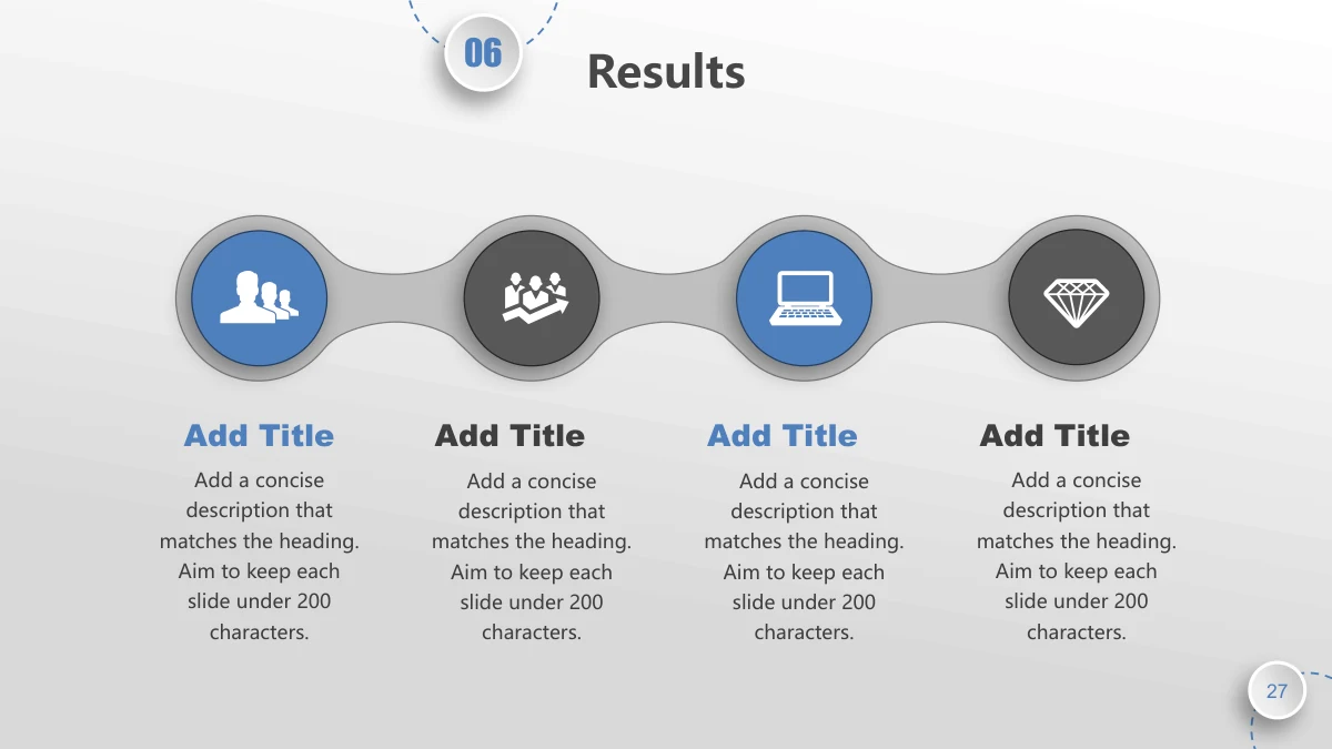 Blue Orbit Lesson Plan Presentation Template: Four blue and dark gray discs are connected by a sculpted gray band. People, group, laptop and diamond icons sit above four separate explanation columns.
