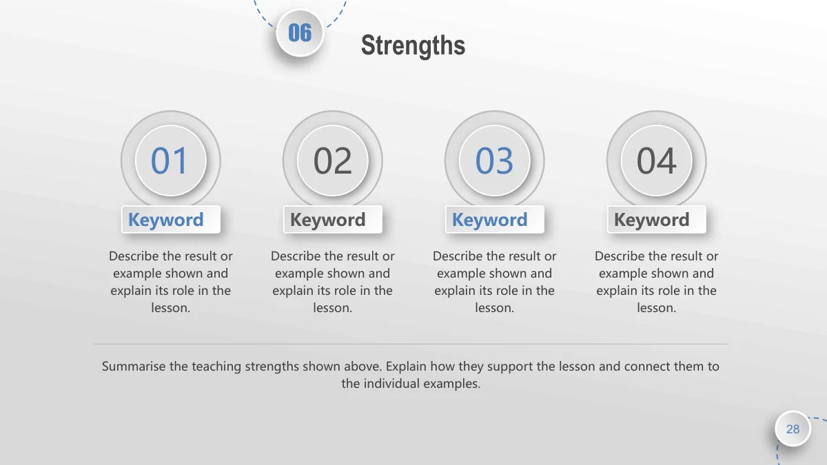 Blue Orbit Lesson Plan Presentation Template: Raised discs numbered 01–04 lead four columns with small keyword tabs and notes. A thin horizontal line separates a common explanation below.