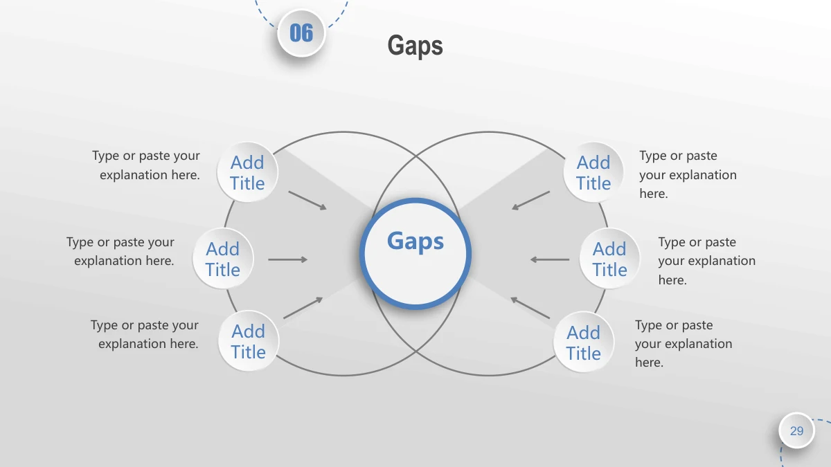 Blue Orbit Lesson Plan Presentation Template: Six small white label discs follow two overlapping curved paths. Inward gray arrows point from both sides toward a larger blue-edged circle in the middle.