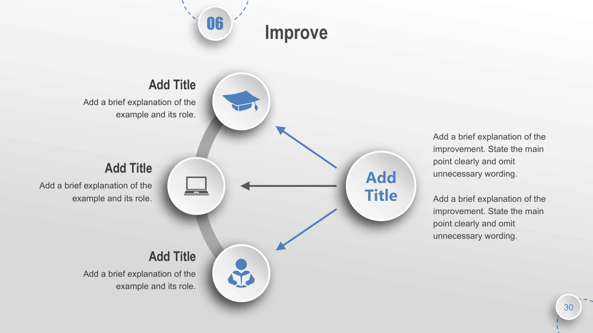 Blue Orbit Lesson Plan Presentation Template: A large raised white title disc on the right points to three smaller icon discs along a gray curved band. Short notes sit to the left of the icons and beside the hub.