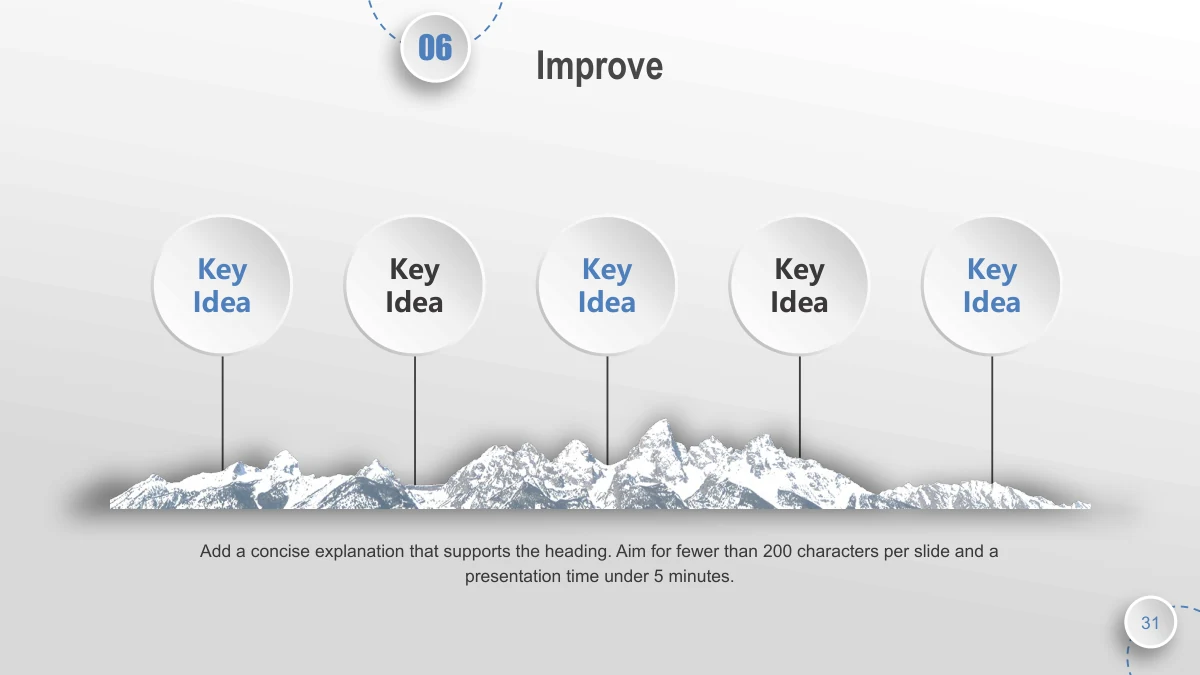 Blue Orbit Lesson Plan Presentation Template: Five raised white keyword discs stand on vertical stems above a long mountain photograph. Blue and dark gray labels alternate, with a common note below.