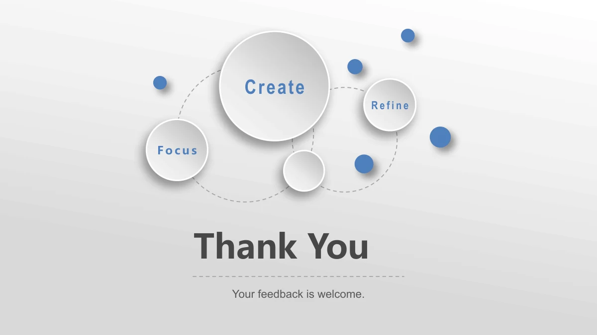 Blue Orbit Lesson Plan Presentation Template: The blue dots, raised white circles and dotted orbital paths return above a large closing message. A smaller invitation for feedback sits below the title.