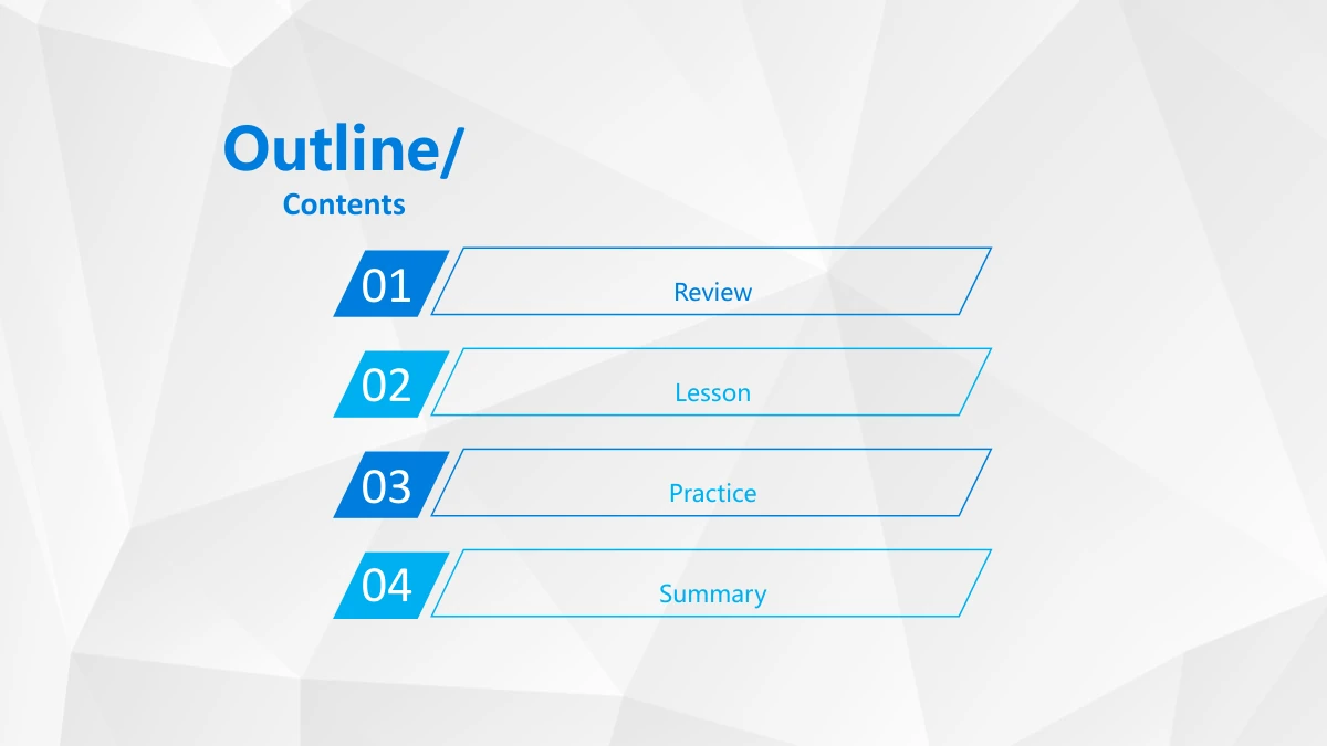 Blue Pencil Teaching Presentation Template: Four numbered blue-and-cyan tabs connect to long outlined slanted bars. A contents heading sits above the four chapter-label areas.