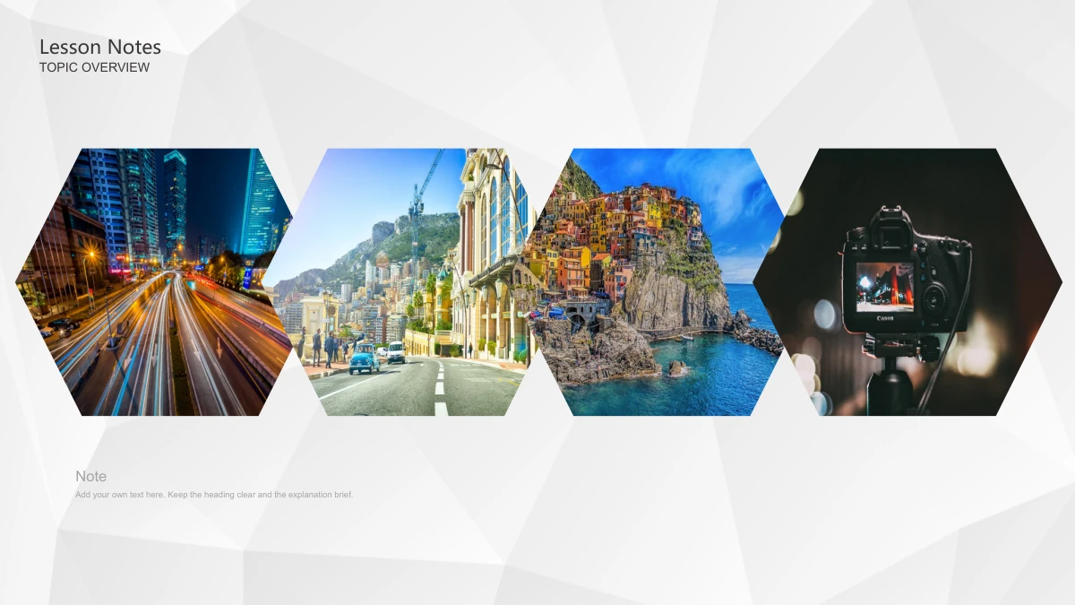 Blue Pencil Teaching Presentation Template: Four touching hexagonal crops show night traffic, a hillside street, a coastal village and a camera. A short heading and a wide note area frame the photograph row.