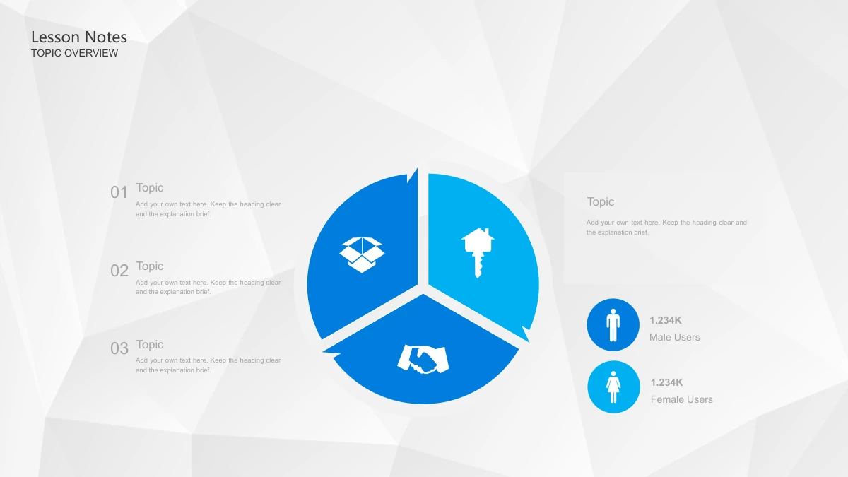 Blue Pencil Teaching Presentation Template: A large circle is split into three blue-and-cyan sectors with box, key and handshake icons. Three numbered notes sit left, with separate male-and-female user examples on the right.