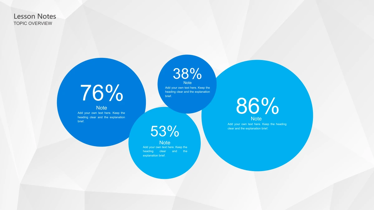 Blue Pencil Teaching Presentation Template: Four blue-and-cyan circles of different sizes overlap and carry the example labels 76%, 38%, 53% and 86%. Each bubble includes its own short note area.