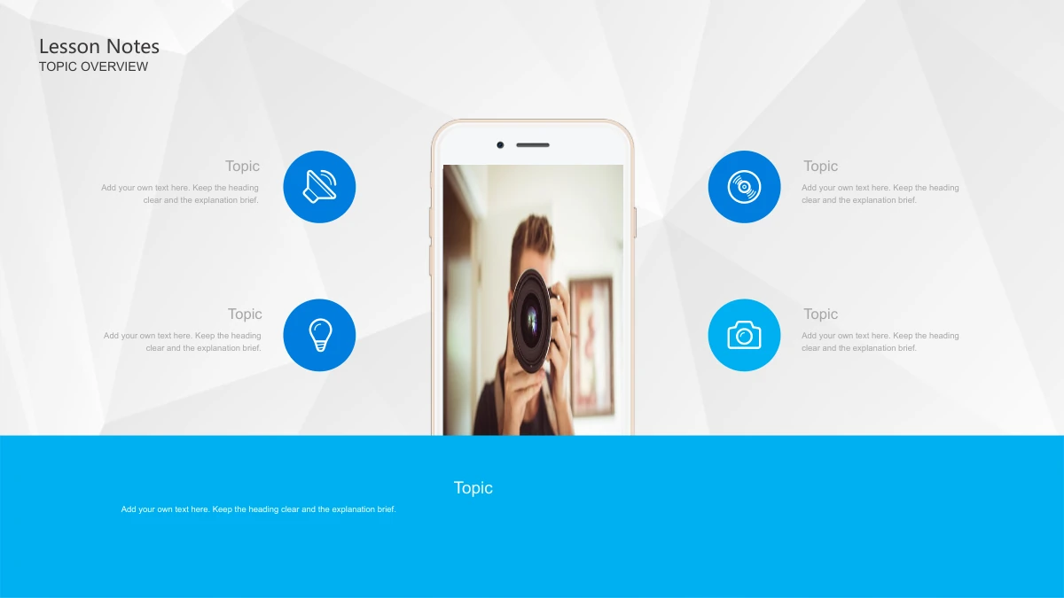 Blue Pencil Teaching Presentation Template: A white phone frame holds a photograph of a person using a camera. Four circular icon notes flank the phone, above a wide cyan note panel.