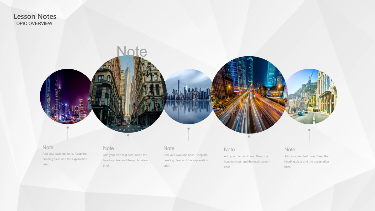 Blue Pencil Teaching Presentation Template: Five differently sized circular photographs form a row of night towers, a street, a reflected skyline, traffic trails and a hillside road. Small notes sit beneath the photo circles.