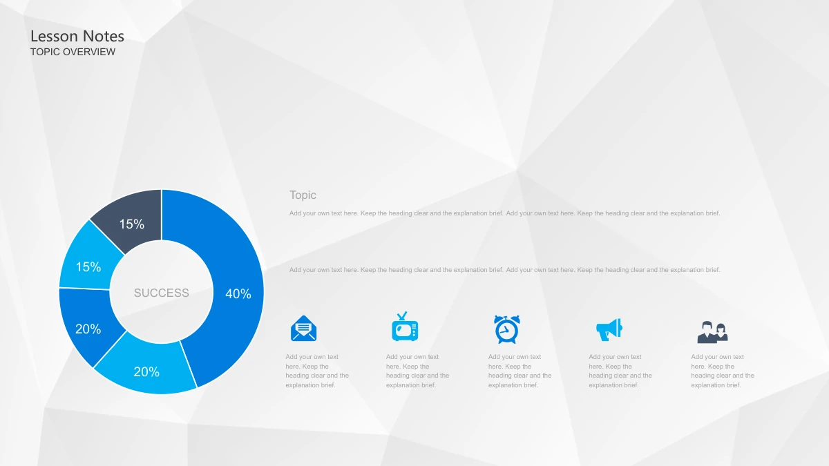 Blue Pencil Teaching Presentation Template: A five-segment blue doughnut chart sits left with SUCCESS in its centre and separate percentage labels around it. Two note blocks and five small icon notes fill the right side.