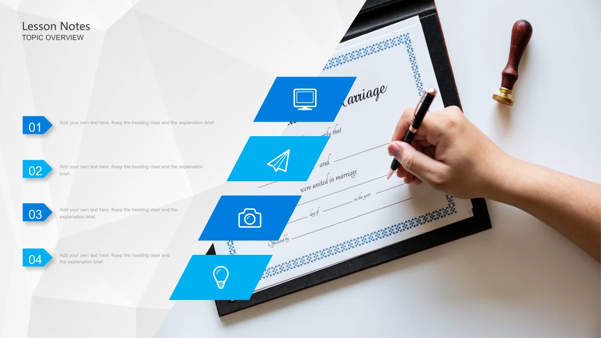 Blue Pencil Teaching Presentation Template: An English marriage-certificate photograph fills the right side. Four blue-and-cyan parallelogram icon tabs overlap its left edge, aligned with numbered notes 01–04.