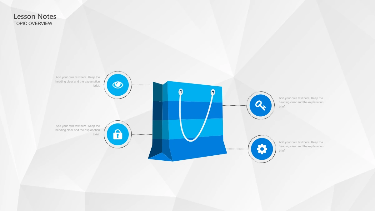 Blue Pencil Teaching Presentation Template: A large blue shopping-bag illustration stands in the centre. Dotted leaders connect it to eye, lock, key and gear icons, each accompanied by its own short note.