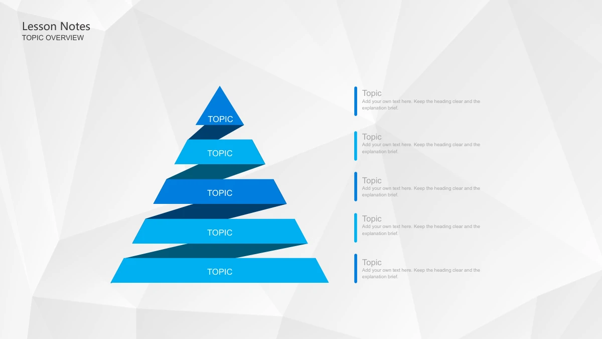 Blue Pencil Teaching Presentation Template: Five blue-and-cyan tiers form a widening pyramid with dark zigzag connectors. Five matching note areas line up on the right beside slim vertical colour marks.