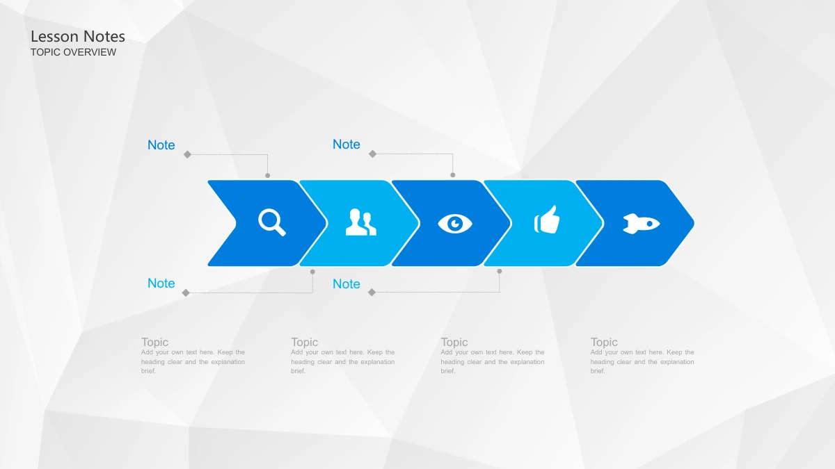 Blue Pencil Teaching Presentation Template: Five touching blue-and-cyan chevrons carry magnifier, people, eye, thumbs-up and rocket icons. Four leader-line labels and four note areas surround the sequence.