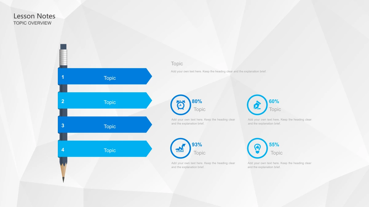 Blue Pencil Teaching Presentation Template: Four numbered blue-and-cyan signs extend from a tall pencil. On the right, four icon rings sit beside the separate example percentages 80%, 60%, 93% and 55%.