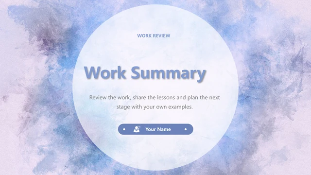 Blue Watercolor Work Summary Presentation Template — A white circle carries the large Work Summary title and Your Name over a blue and lilac watercolor wash.