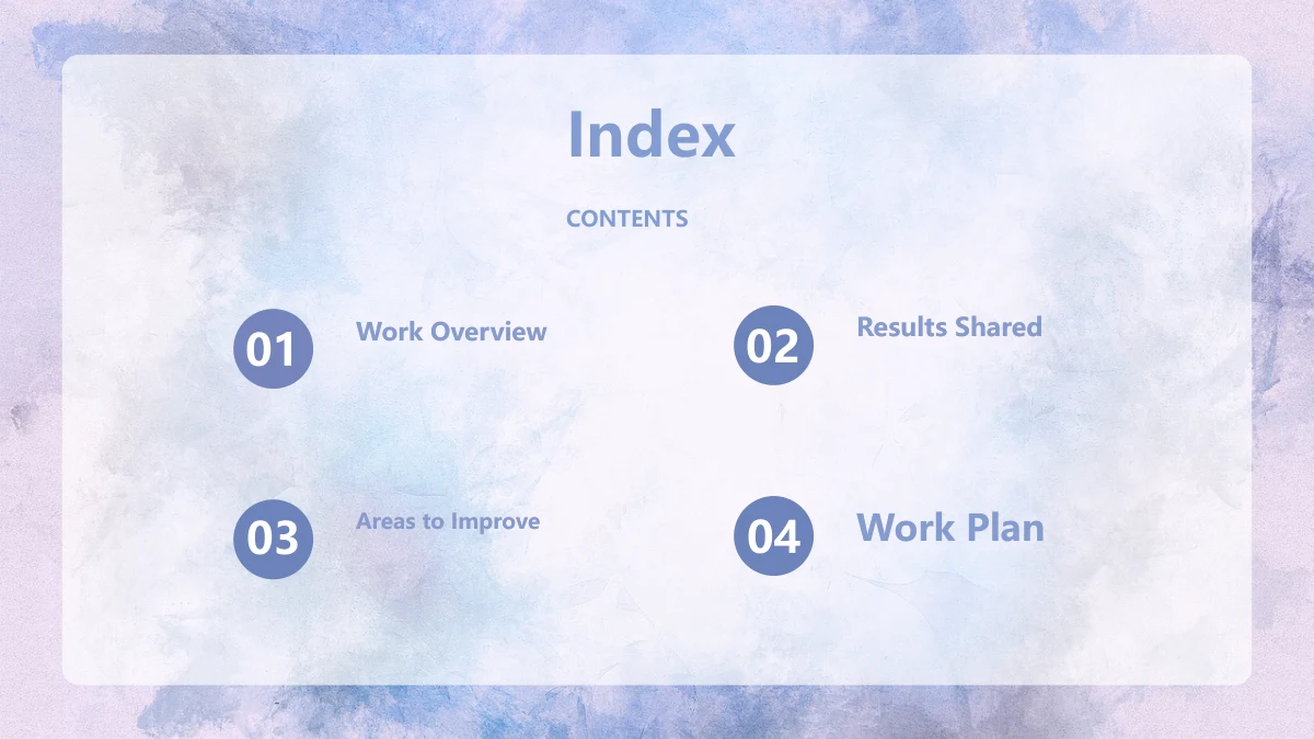 파란 수채화 업무 정리 프레젠테이션 템플릿 — 둥근 흰 패널 안에 네 번호 항목과 Index, CONTENTS 제목이 있습니다.