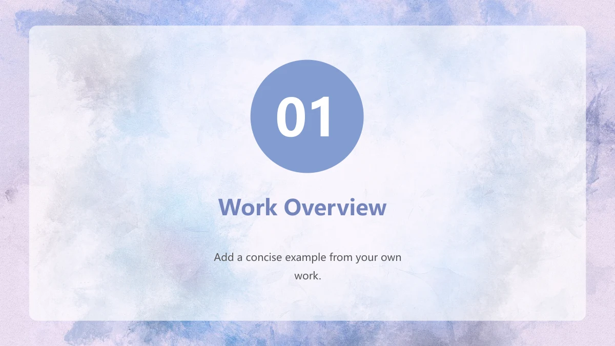 파란 수채화 업무 정리 프레젠테이션 템플릿 — 01이 표시된 파란 원 아래 Work Overview와 짧은 안내문이 있습니다.