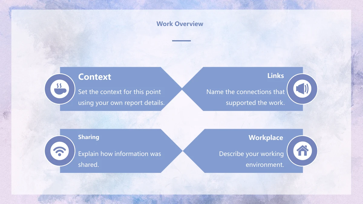 파란 수채화 업무 정리 프레젠테이션 템플릿 — 안쪽을 향한 파란 블록에 Context, Sharing, Links, Workplace와 흰 선 아이콘이 있습니다.