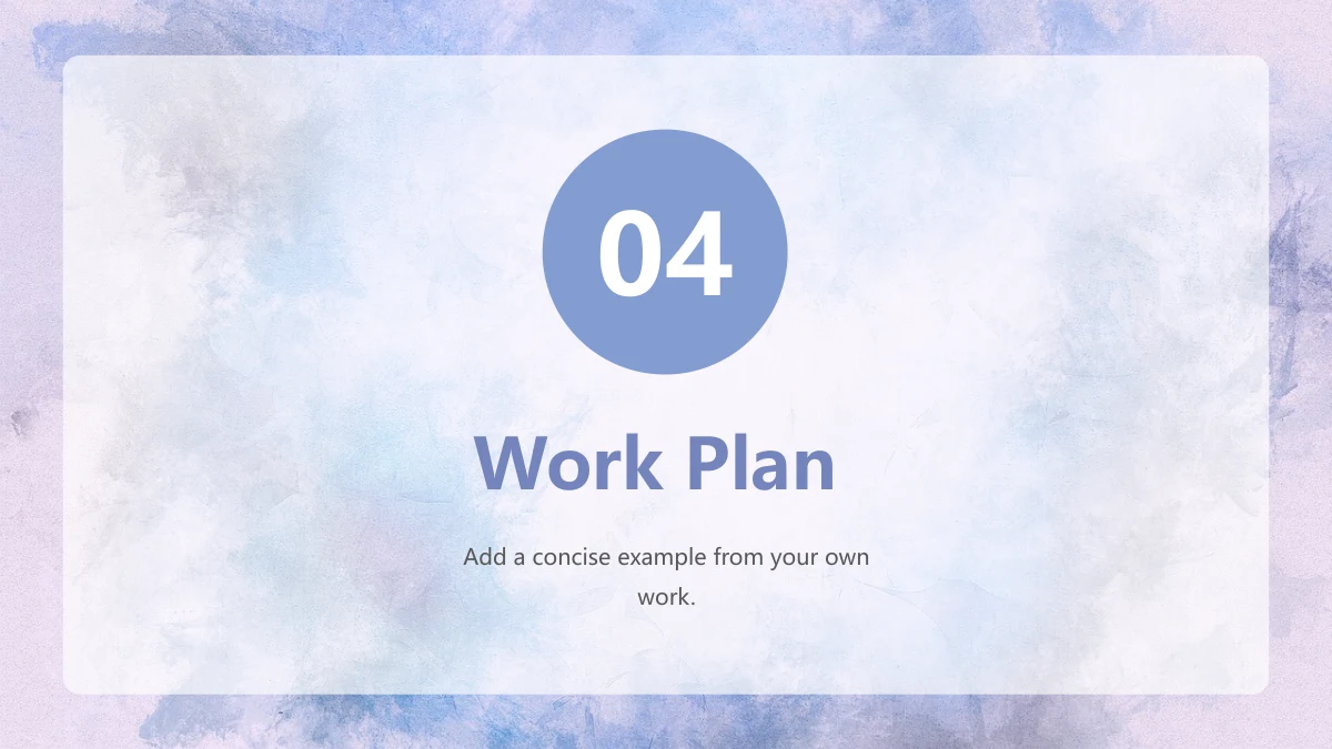 파란 수채화 업무 정리 프레젠테이션 템플릿 — 둥근 흰 패널의 파란 원 04가 Work Plan을 소개합니다.
