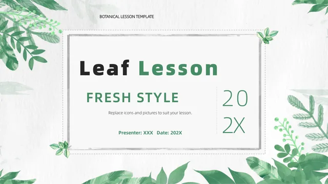 Botanical Paper Lesson Presentation Template: Watercolor foliage borders a pale paper background. A grey rectangular frame contains the large title, green subtitle, split year placeholder and presenter details.