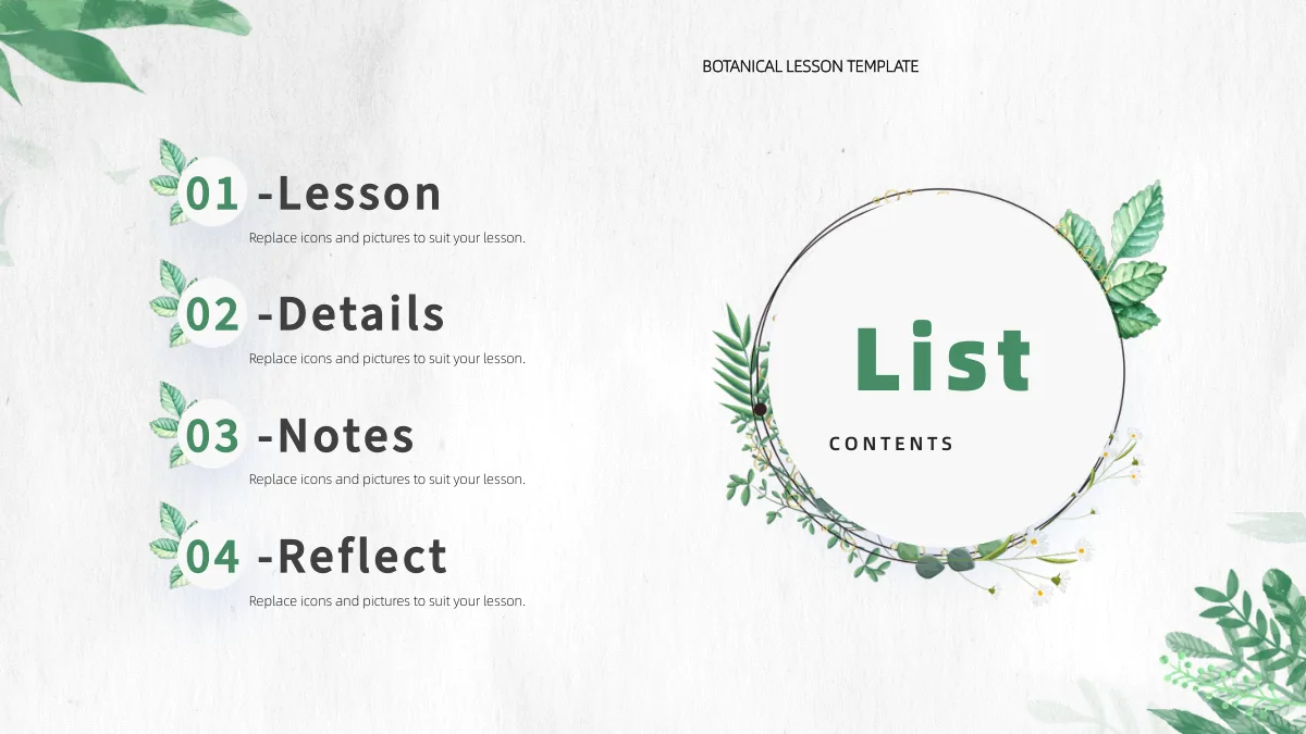 Botanical Paper Lesson Presentation Template: Four numbered leaf badges lead chapter headings on the left. A large circular botanical wreath surrounds the contents heading on the right.