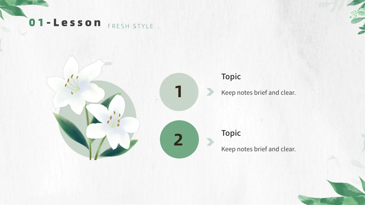 Botanical Paper Lesson Presentation Template: White lilies fill the left side. Two large green-toned circles numbered 1 and 2 lead headings and short notes on the right.