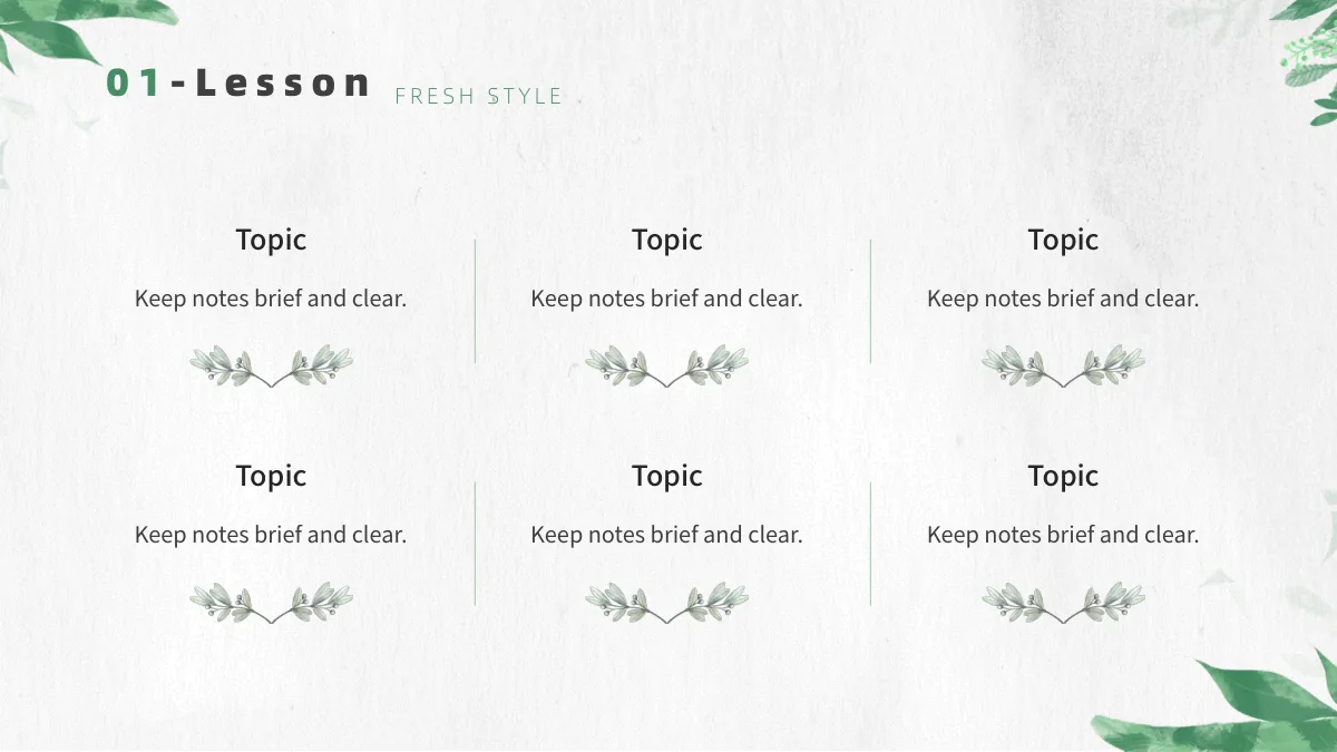 Botanical Paper Lesson Presentation Template: Six headed text areas form two rows of three. Thin vertical rules separate neighbouring areas, and a small branch sits below each note.