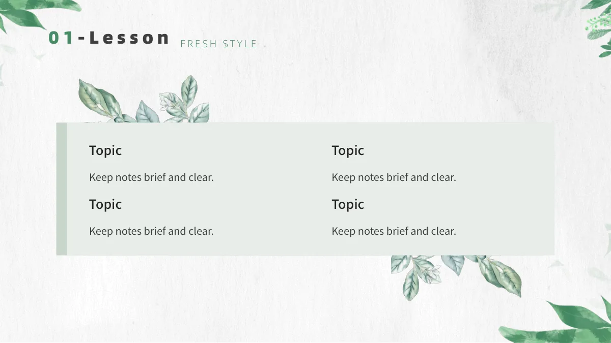 Botanical Paper Lesson Presentation Template: A pale green rectangular panel holds four headed notes in two columns. Watercolor branches extend above and below the panel.