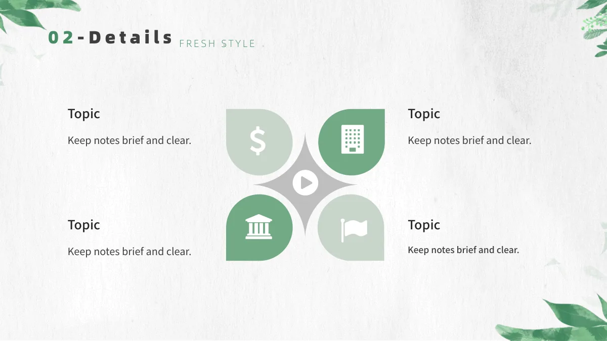 Botanical Paper Lesson Presentation Template: Four green-toned petal shapes contain a currency sign, calculator, classical building and flag. A play symbol sits in the centre, with four notes around the group.