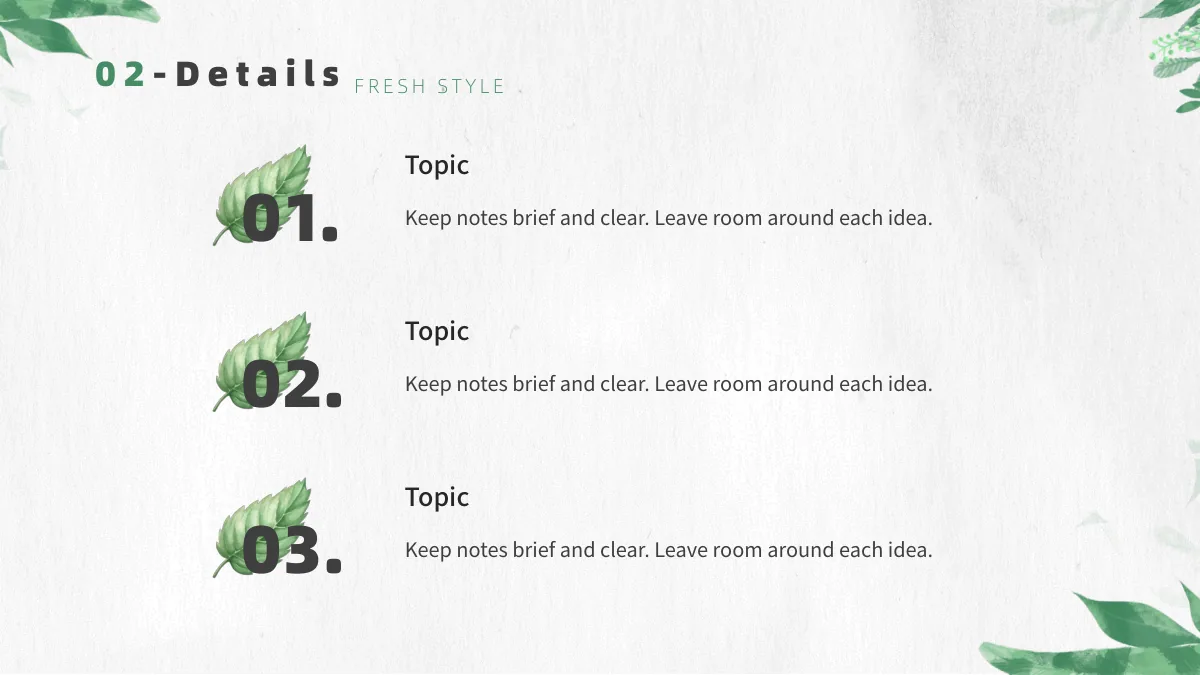 Botanical Paper Lesson Presentation Template: Three large leaf-backed numbers, 01 to 03, form a left column. Each leads a heading and explanation across the page.
