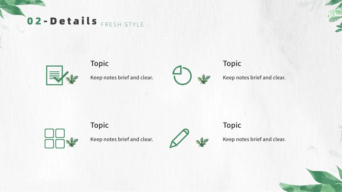 Botanical Paper Lesson Presentation Template: Document, pie, four-tile and pencil icons introduce four headed notes in two rows. Small green leaf accents sit beside the icons.