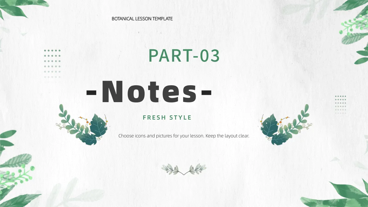 Botanical Paper Lesson Presentation Template: PART-03 appears above the large chapter heading, framed by paired botanical clusters, dotted square accents and a small lower branch.
